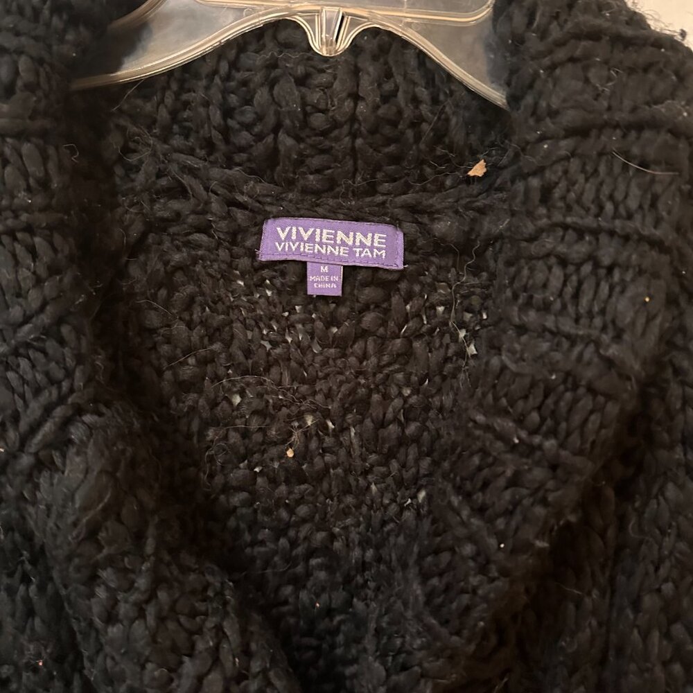 Y2K Vivienne Tam Wool Black Sweater Medium Cardigan Short Sleeve Chunky Knit - Picture 5 of 7